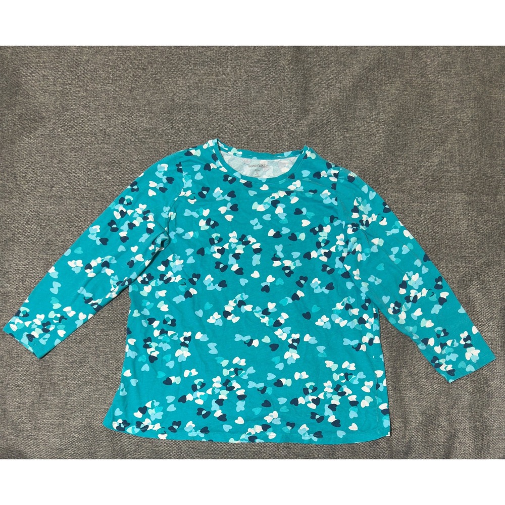 Woman Within Womens 1X Top Teal Heart Print Long Sleeve Cotton 37-2173-5